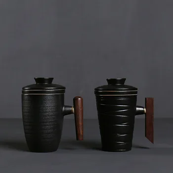 

New Creative Coffee Mug Retro crude pottery Tea Cups with filter Handmade wooden handle Drinkware Portable Office water bottle