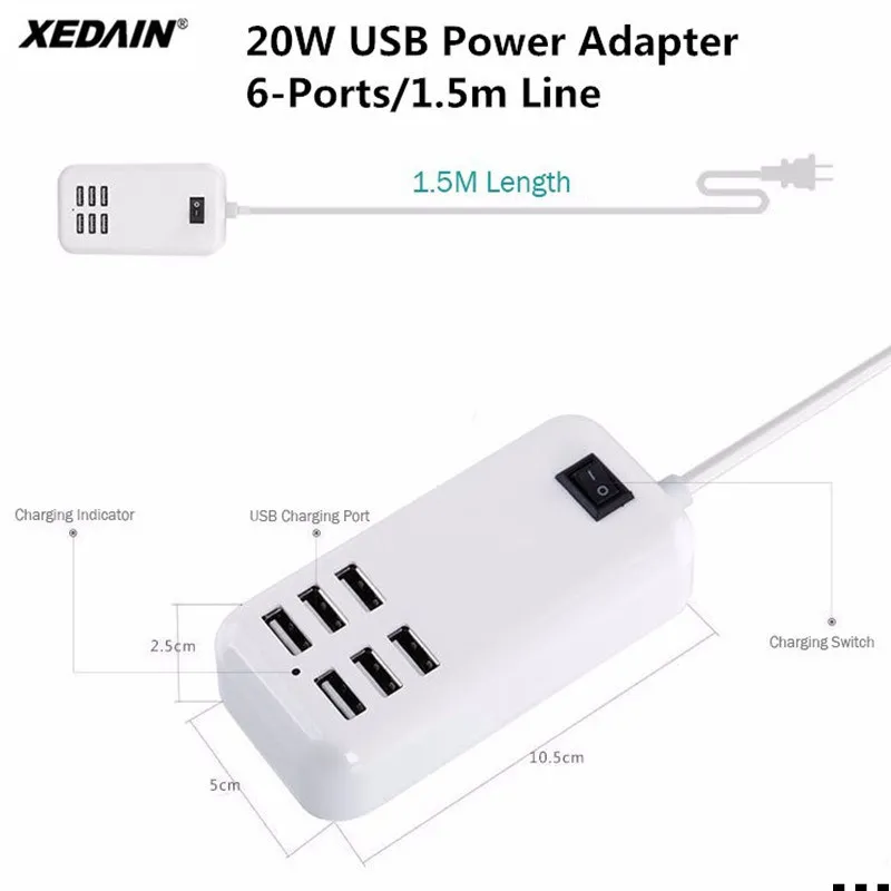 

XEDAIN EU/US 3A Plug Wall Socket Dock Fast Charging Extension Power Adapter for Cell Phone Tablet Good USB Charger HUB 6 Ports