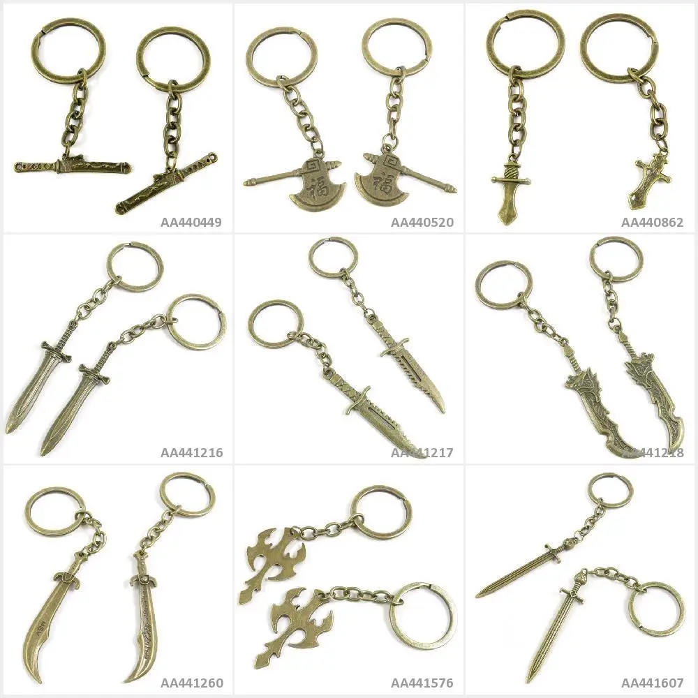 

Antique Bronze Tone Keychain Keyring Keytag Leopard Sword Axe Hatchet Broadsword Broad Knife Dagger Blessed Key Chain Charms