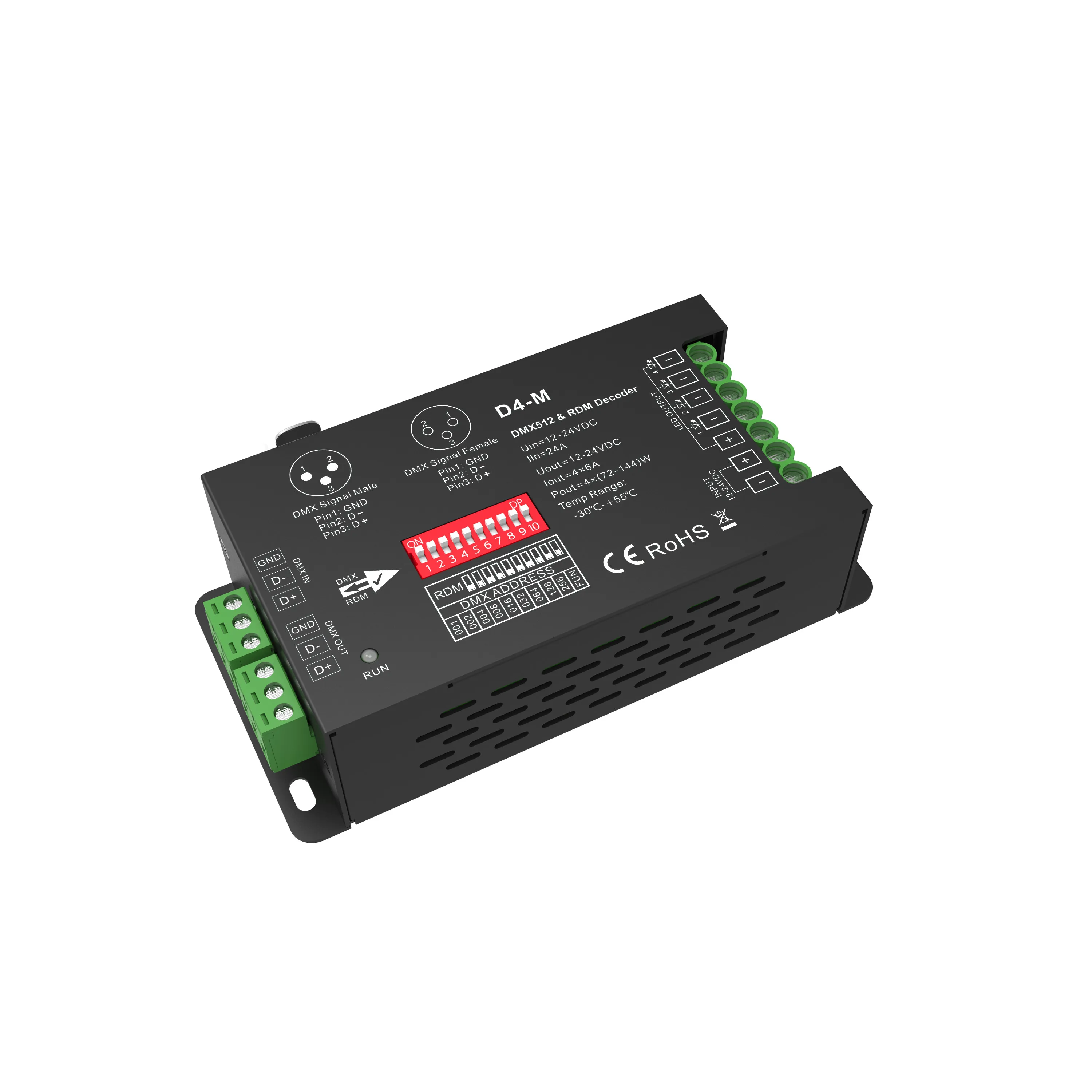 4 Channel Constant Voltage DMX512 & RDM Decoder;DC12-24V/RDM/DIP switch/XLR3 input /Logarithmic dimming 4 Channel Constant Voltage DMX512 & RDM Decoder;DC12-24V/RDM/DIP switch/XLR3 input /Logarithmic dimming