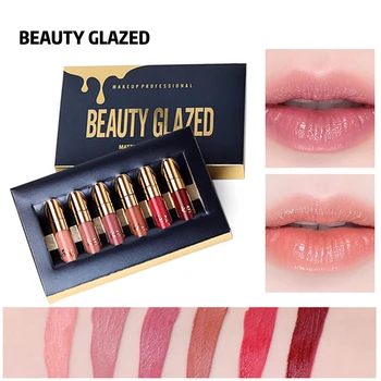 

BEAUTY GLAZED Waterproof Lipstick Matte Lip Gloss Easy To Wear Make Up Lip Gloss Long-lasting Cometics 6 Colors Set maquillage