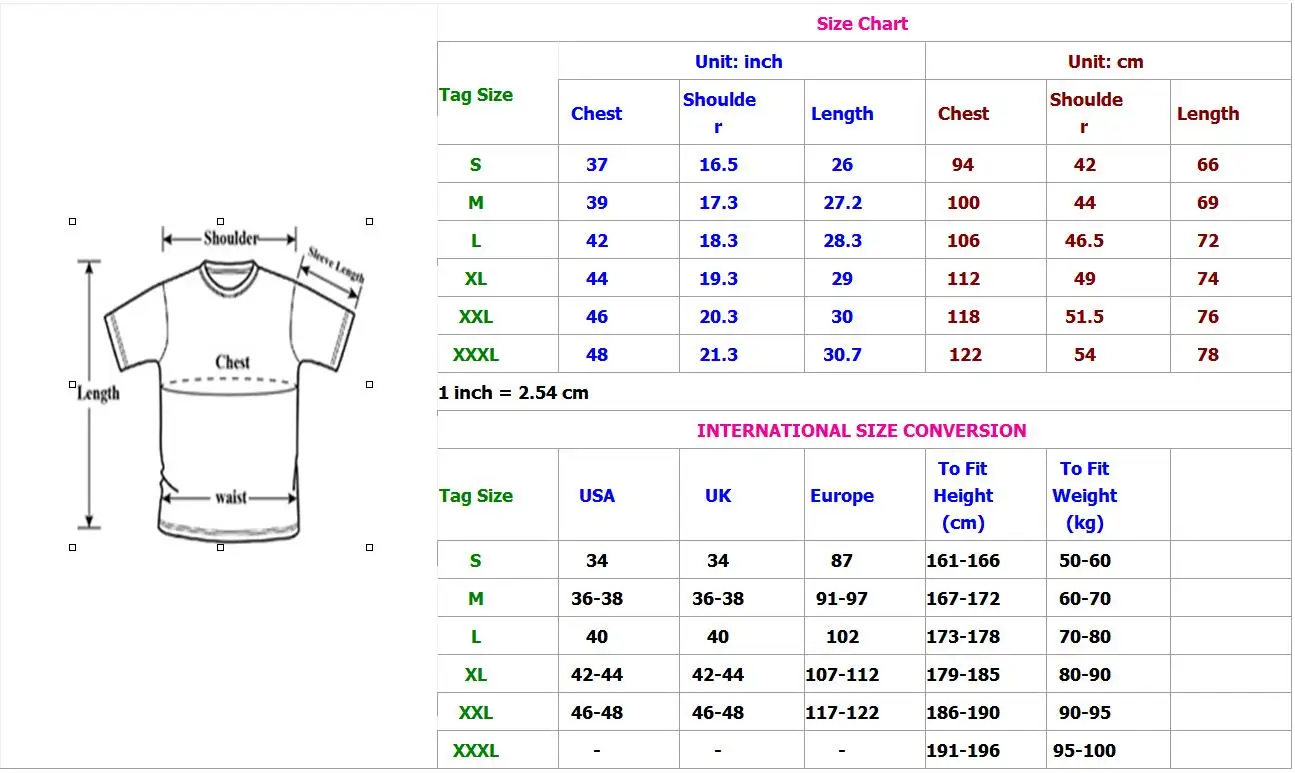 International Size Chart Mens Shirts