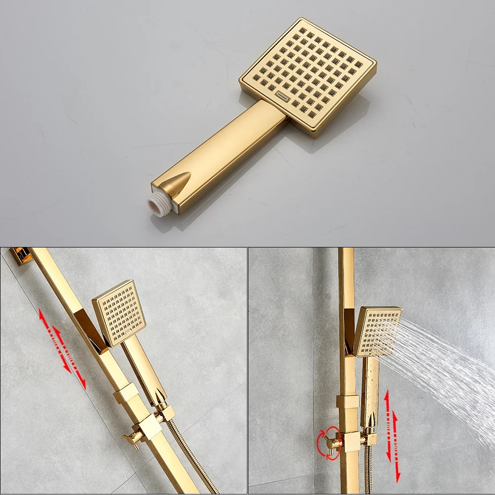 Bathroom Shower Faucet Set Rozin Golden Bathroom Shower Faucet Set 8" Rainfall Shower Mixer Crane Wall Mounted with Hand Bath Rain Column Tap