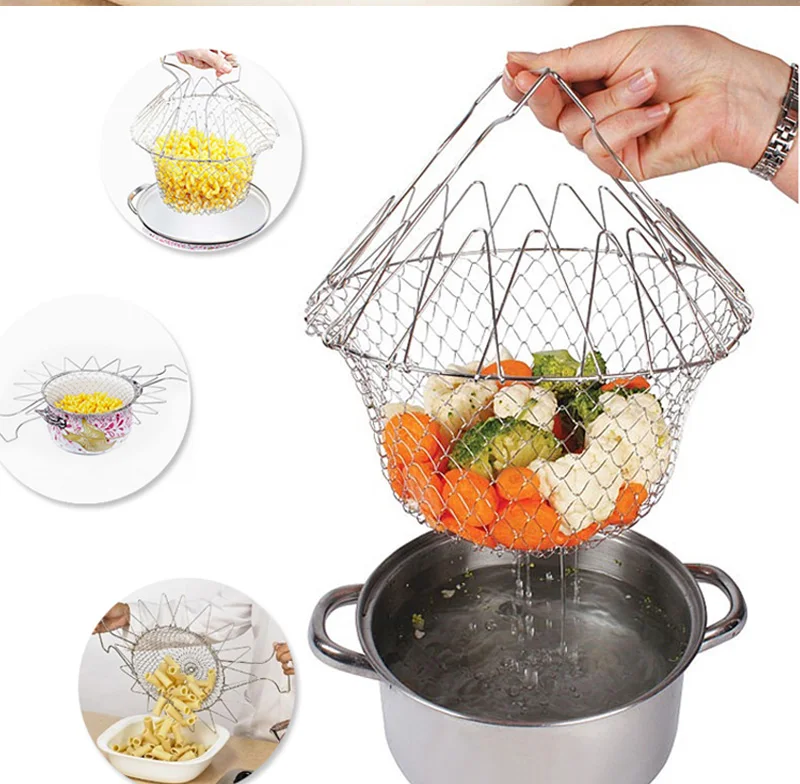 Stainless Steel Foldable Steam Rinse Strain Fry Chef Basket Potato Chips Strainer Magic Basket