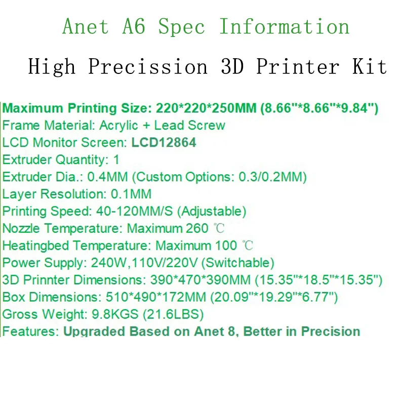 Anet A6 3d Принтер Комплект Reprap i3 3d принтер наборы DIY самостоятельная сборка 3D-принтер с высокой точностью большого размера настольный ЖК-экран