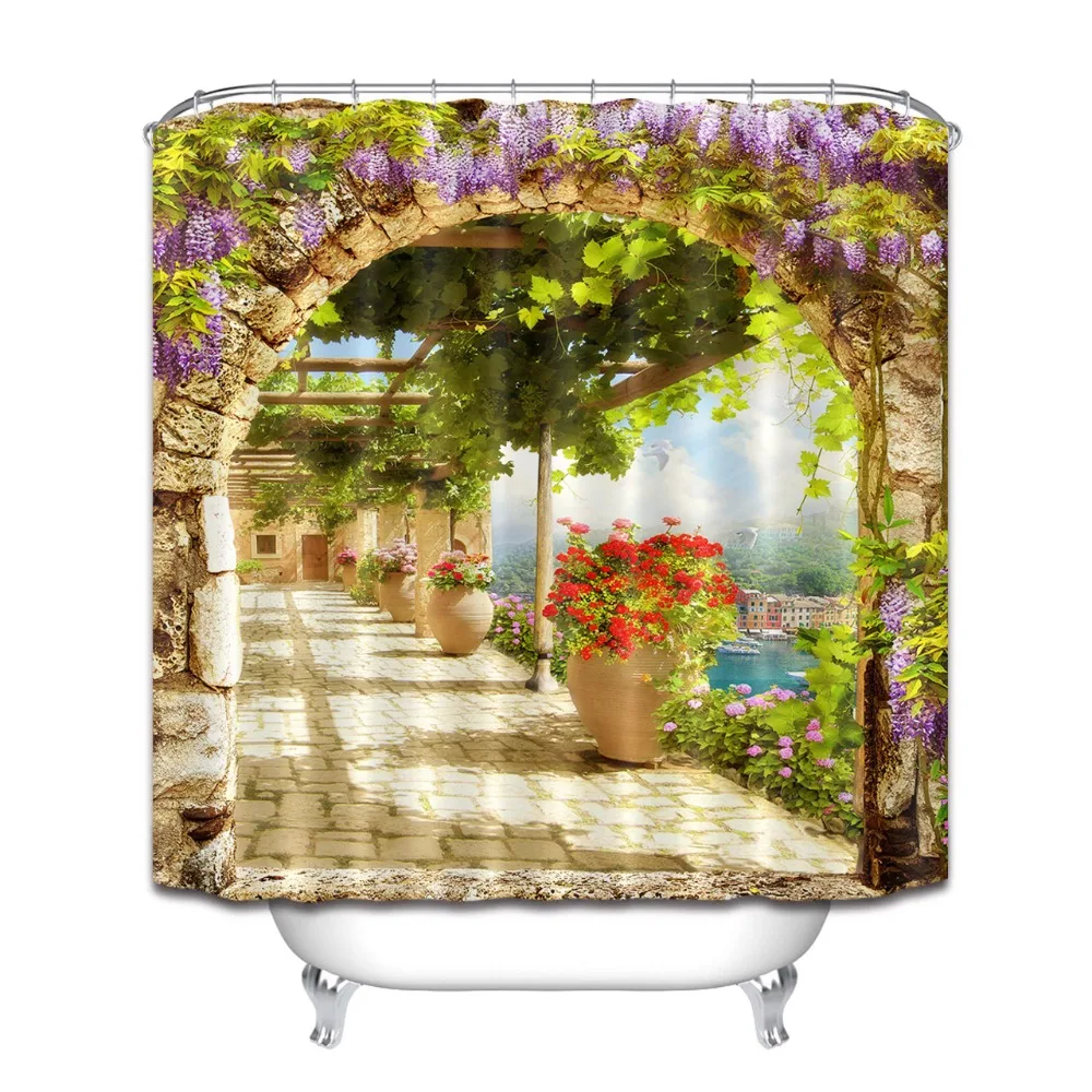 

Digital Flowers Bridge with Arch View on The Town Scenic Shower Curtains Bathroom Curtain Waterproof Fabric for Bathtub Decor