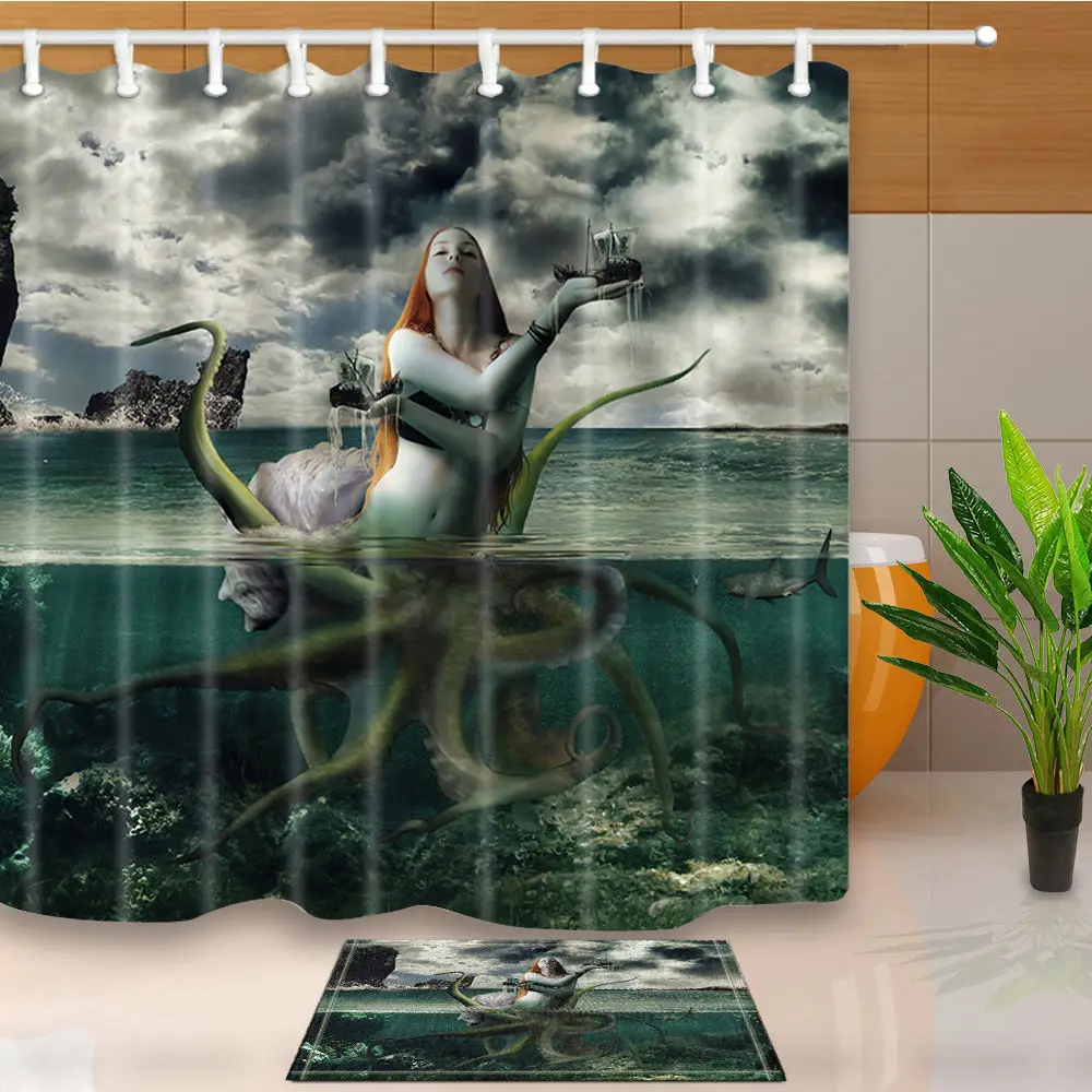 

Shower Curtains Octopus Mermaid Art Design Bathroom Curtains Polyester Fabric Waterproof and Mildew Proof Washable With 12 Hooks