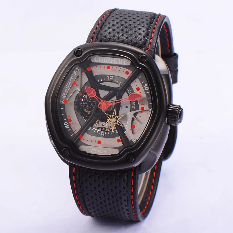 

Corgeut 46mm Mens Automatic Watch Black PVD Coated Case Square Watches Gray Dial Red Hands Mechanical Watch Clock CA2009PR