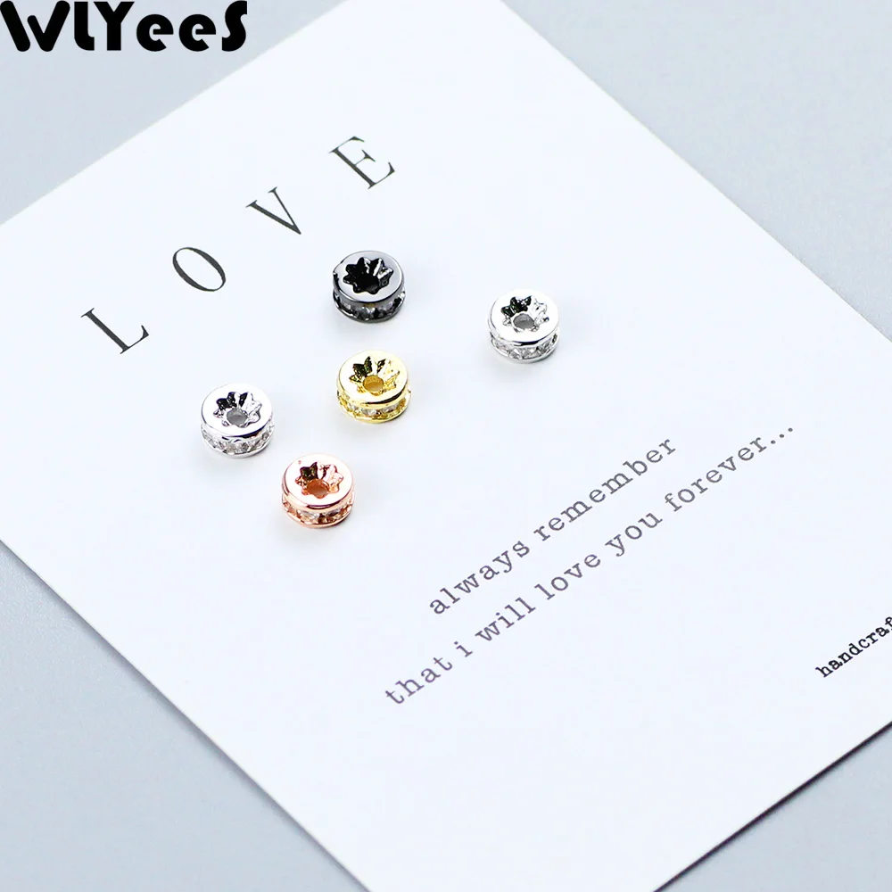 

WLYeeS 4pcs Coin White zircon Copper Spacer beads 6mm flat Round metal pendant Loose beads for jewellery making bracelet DIY