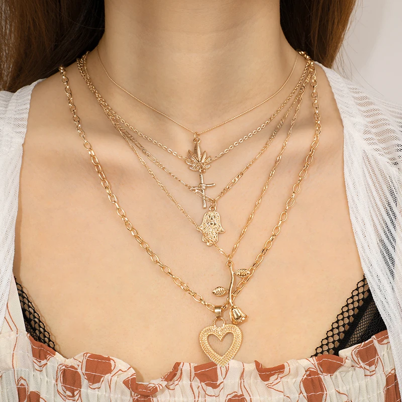 Gold Leaf Heart Rose Pendant necklace