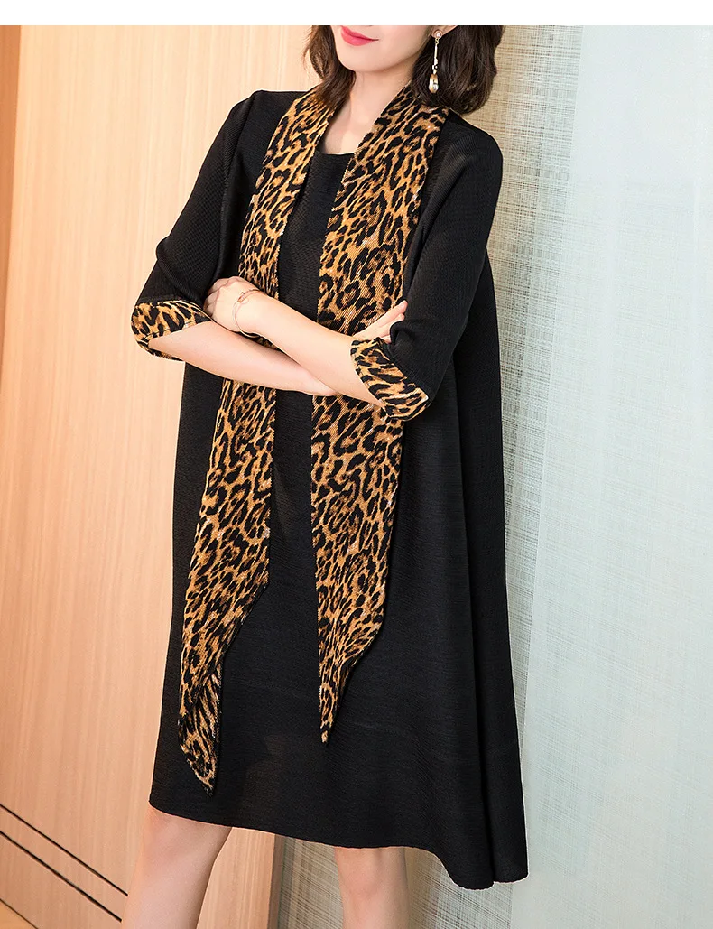 Плюс размер платье женское модное Леопардовый принт пэтчворк Весна и лето новое о-образным вырезом 3/4 рукав свободное элегантное платье+ шарф