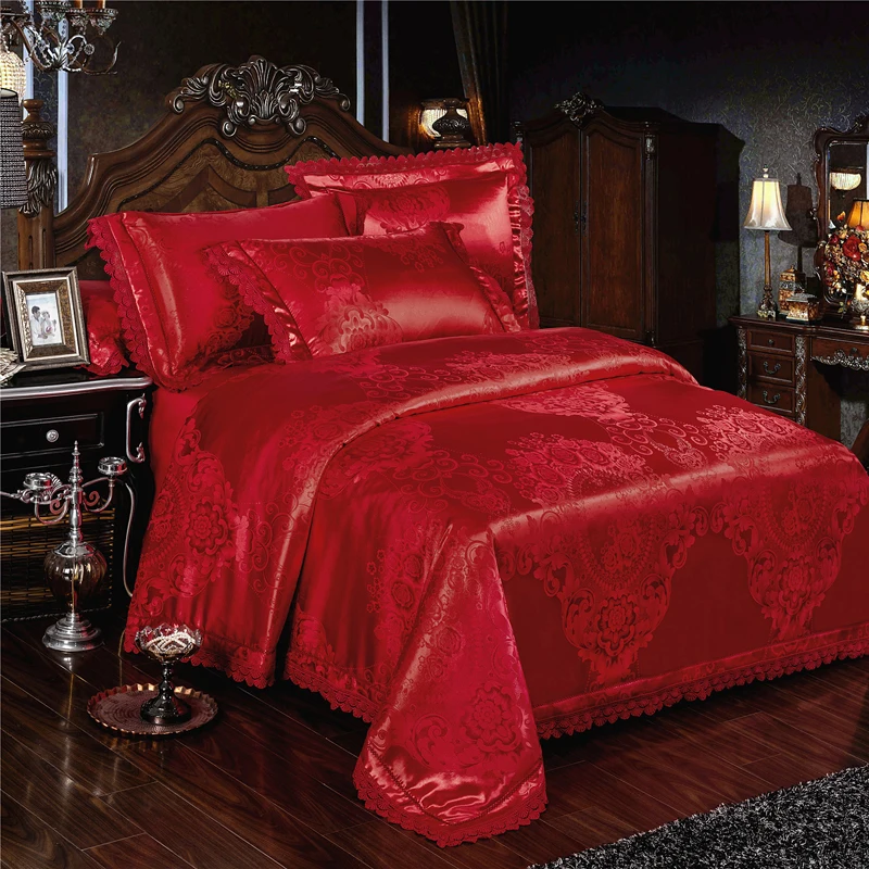 Waliicorners 4-Pcs gold silver lace Jacquard Bed Cover Queen King Size Luxury Bedding Set Silky Bedclothes Duvet Cover Bed Sheet set 56 1