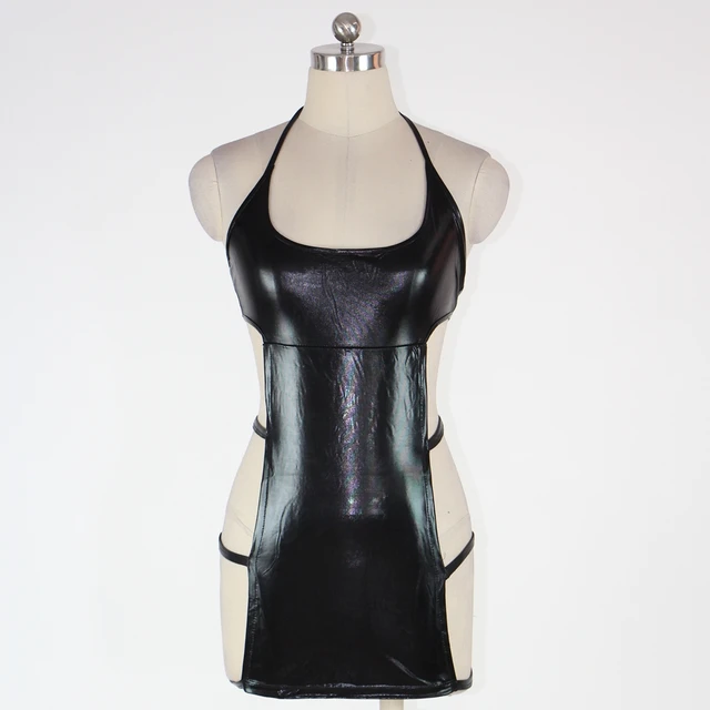 Sexy Black Leather Wetlook Halter Cut Dress Women Fetish Cut Out Chemise Bandage Nightclub Solid Vinyl Latex Mini Short Robe - Image 5