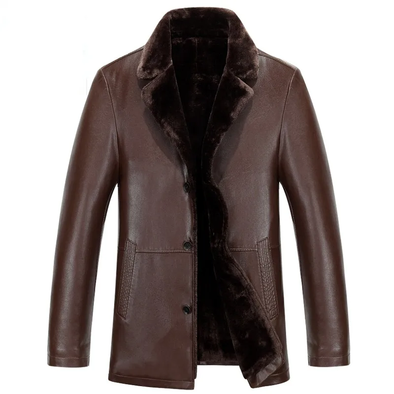 New Brand Men Jacket Leather New Style Fur collar Sheep Skin Slim Fit Winter Warm Genuine Leather Jacket Fur Lining Men Jacket