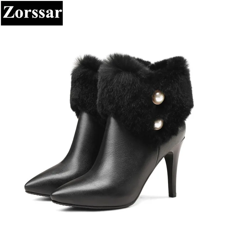 

{Zorssar} 2017 new Luxury brand ladies shoes Fashion Rabbit hair pointed Toe High heels ankle boots winter womens snow boots