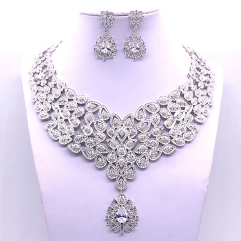 

GZJY Gorgeous Big Water Drop Cubic Zirconia Setting White Crystal Wedding Bridal Jewelry Sets Gifts For Bridesmaids