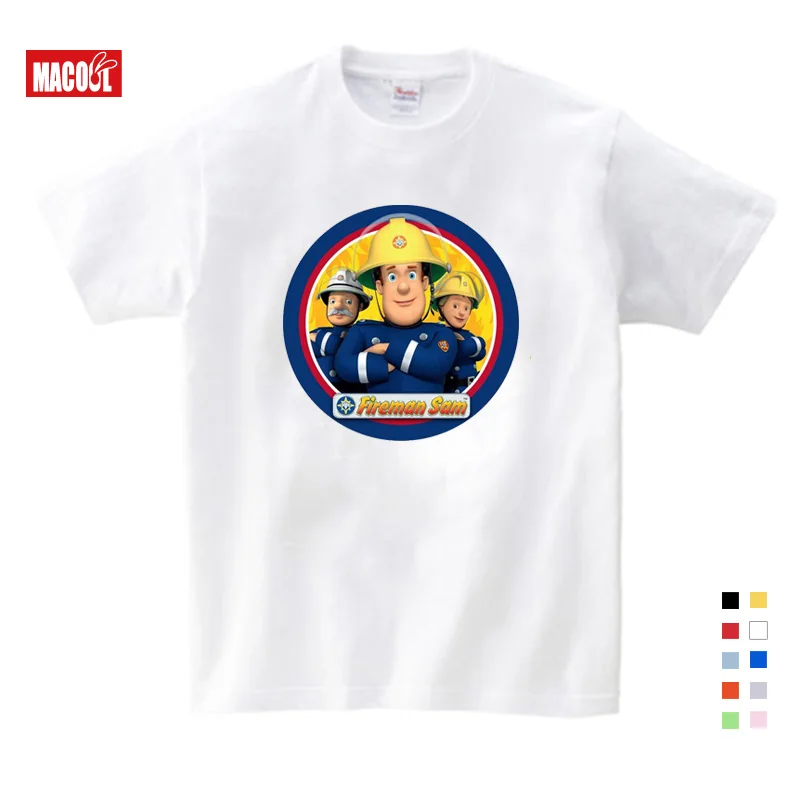 3T-9T Children Fireman Sam Pattern Print T-shirts Boy Short Sleeve T Shirt Girls Tee Tops Kids Summer Cotton White Shirt Clothes