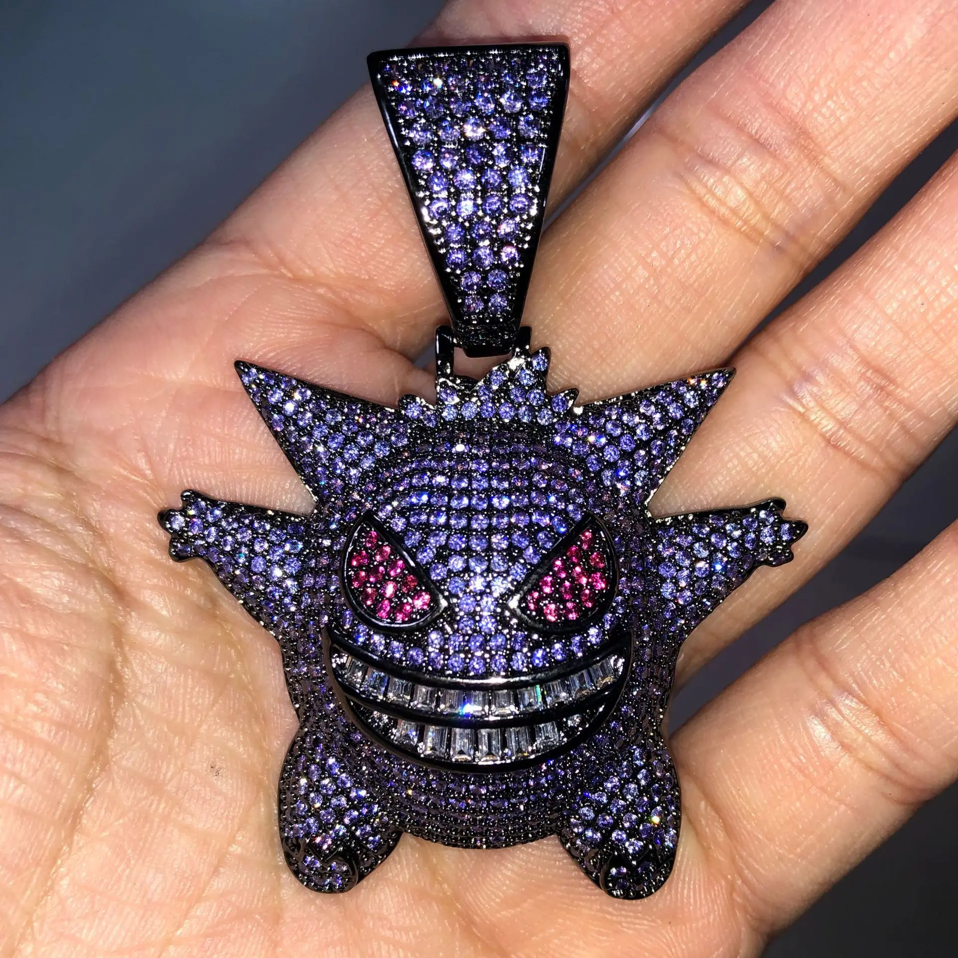 

Hiphop Iced Out Jewelry Inlaid Zircon Black Blue Purple Funny Gengar Necklace Elf Pet Anime Elf Pendant Necklaces Men Women