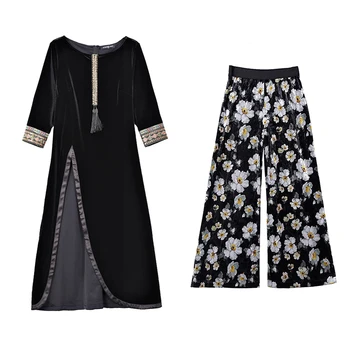 

New Korean Fashion Black Long Top Coat Dress & Floral Print Wide Pants 2 Pcs Clothing Set Vacation Outift Vintage Vestido Women