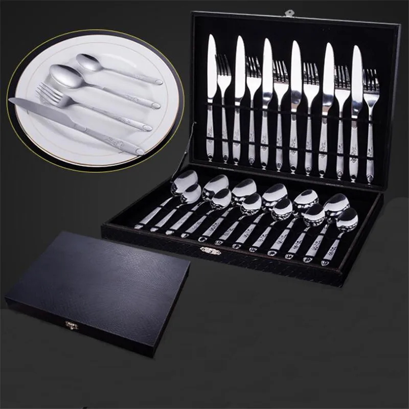 

24Pcs/Set Stainless Steel Flatware Set with Case Steak Knifes Dinner Forks Coffee Spoons High Quality Tableware Kit Gift