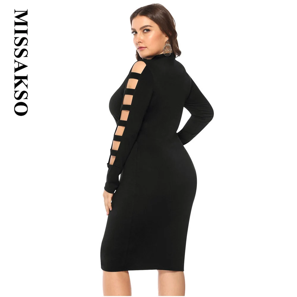 Missakso غمد قلم رصاص اللباس زائد الحجم ميدي الخريف الشتاء عارضة ضئيلة أسود طويل الأكمام الجوف خارج فساتين Bodycon النساء