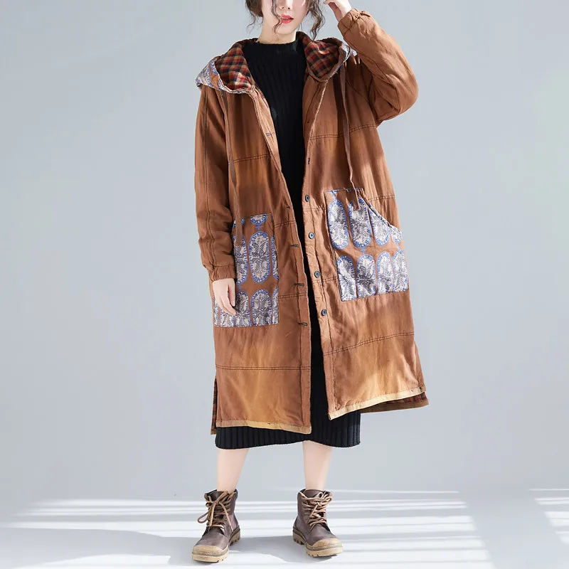 

Johnature Print Floral Vintage Parkas For Women Warm Cloths Patchwork Hooded Coats Button Pockets Plus Size Winter Women Parkas