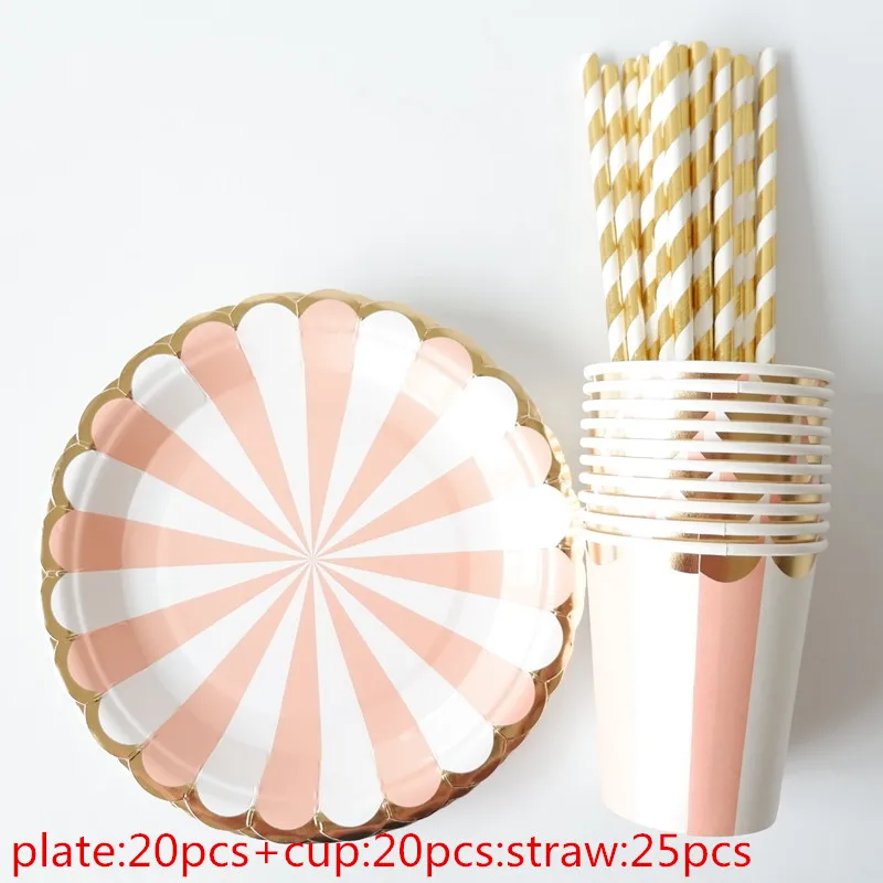 

65pcs 20 People Party Paper Plates Napkins Cups Straws Disposable Tableware Metallic Orange Stripe Theme Party Wedding Decor