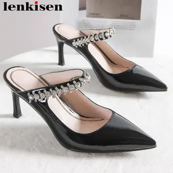 

Lenkisen 2019 European superstars pointed toe stiletto heels glitter crystals decoration slip on mules dress nightclub pumps L12
