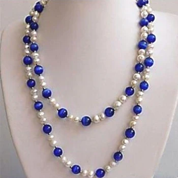 

Beauty white freshwater cultured pearl blue opal cat eyes round beads necklace for women high grade party jewelry 51inch MY5271