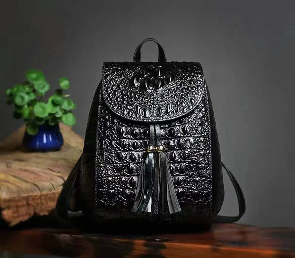 SUWERER женский рюкзак из натуральной кожи, роскошные женские сумки, дизайнерские сумки, женский рюкзак, Модный узор «крокодиловая кожа» - Цвет: Black
