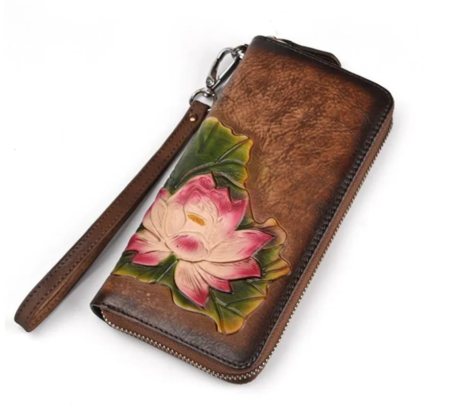 Мода цветок Для женщин кошельки из натуральной кожи Длинный леди портмоне на молнии кошелек женский клатч портмоне, бумажники, держатели