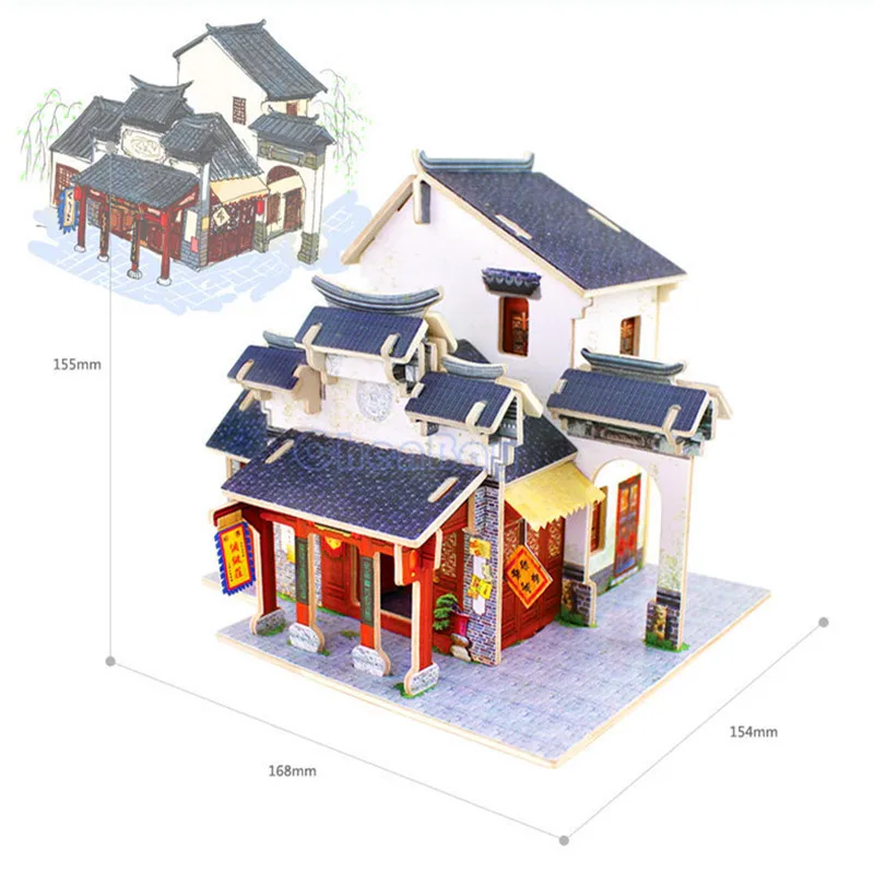 Красочные 3D деревянные головоломки Китая Стиль деревянный дом 3D Собранный Мини Дом Модель Наборы DIY Лобзики для детей развивающие
