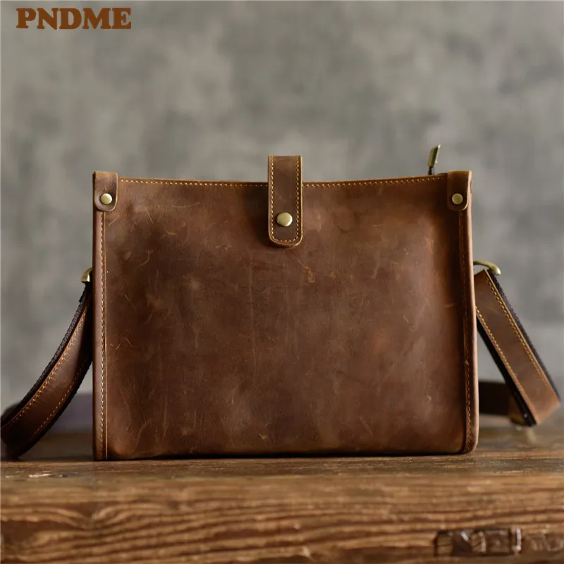 

PNDME crazy horse cowhide men's shoulder bag retro simple daily casual high quality genuine leather tablets messenger bags