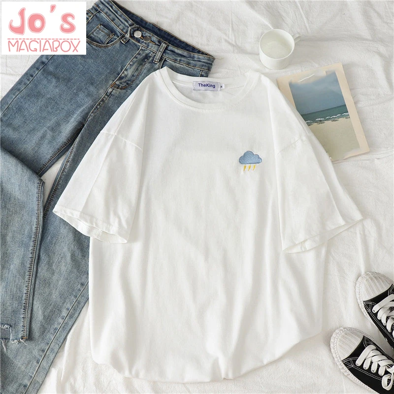 

Summer Korean Kawaii O-Neck Embroidery Solid T-shirt Women Short Sleeve Vogue Casual Tops Tee Female Ulzzang Sweet T-shirt