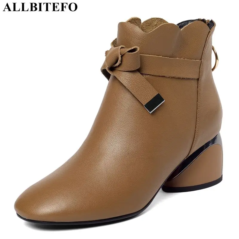 

ALLBITEFO sweet bowtie genuine leather thick heel women martin boots winter snow girls boots ankle boots for women size:34-41