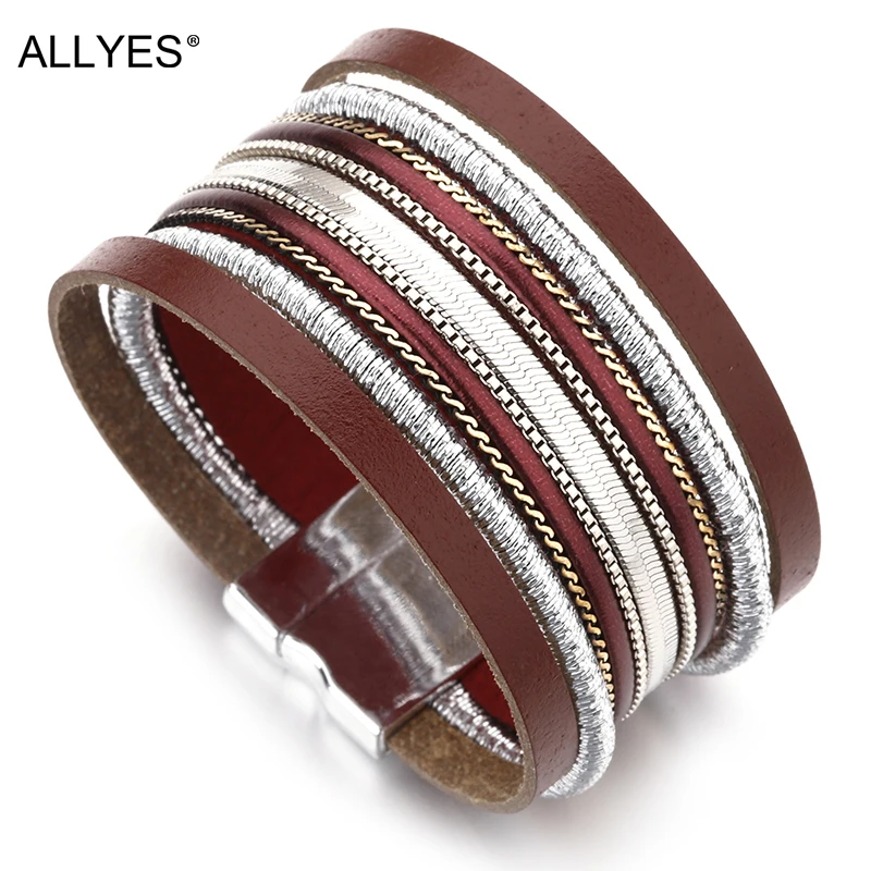 

ALLYES Woman Leather Bracelet Trendy Gold Color Metal Chain Adhered Boho Style Multilayer Wide Wrap Bracelets For Women Jewelry