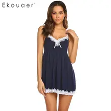 Ekouaer, женская сексуальная ночная рубашка, хлопок, летняя одежда для сна, v-образный вырез, на бретельках, кружевное лоскутное белье, ночное платье, мини-пижамы