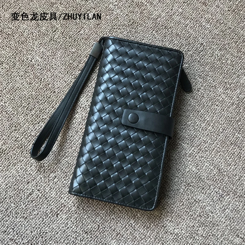 

2018 New customized Cowhide long wallet weave genuine leather men's illfold