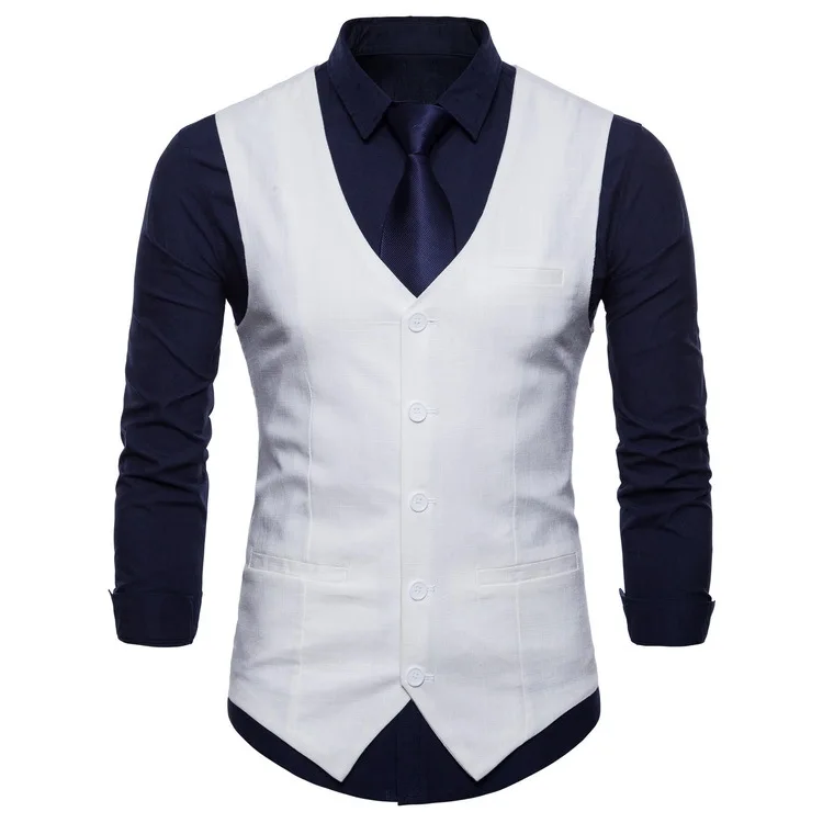 Мужской приталенный однобортный жилет, брендовый деловой костюм, деловой свадебный жилет, однотонный жилет для мужчин - Цвет: white