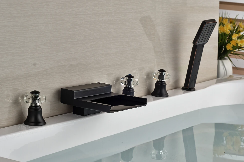 

Crystal Oil Rubbed Bronze Waterfall Bathroom Tub Faucet With Hand Shower Sprayer 5pcs Deck Mounted