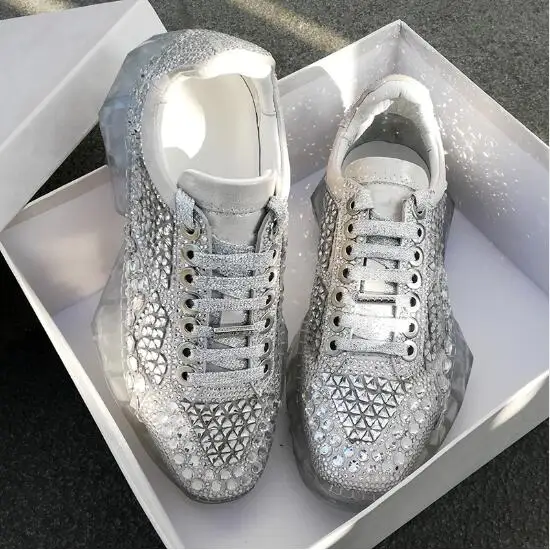 

Genuine Leather 2019 Diamond Sneaker Clear Platforms Bling Bling Women Sneakers Lace Up Thick Bottom Casual Shoes Woman