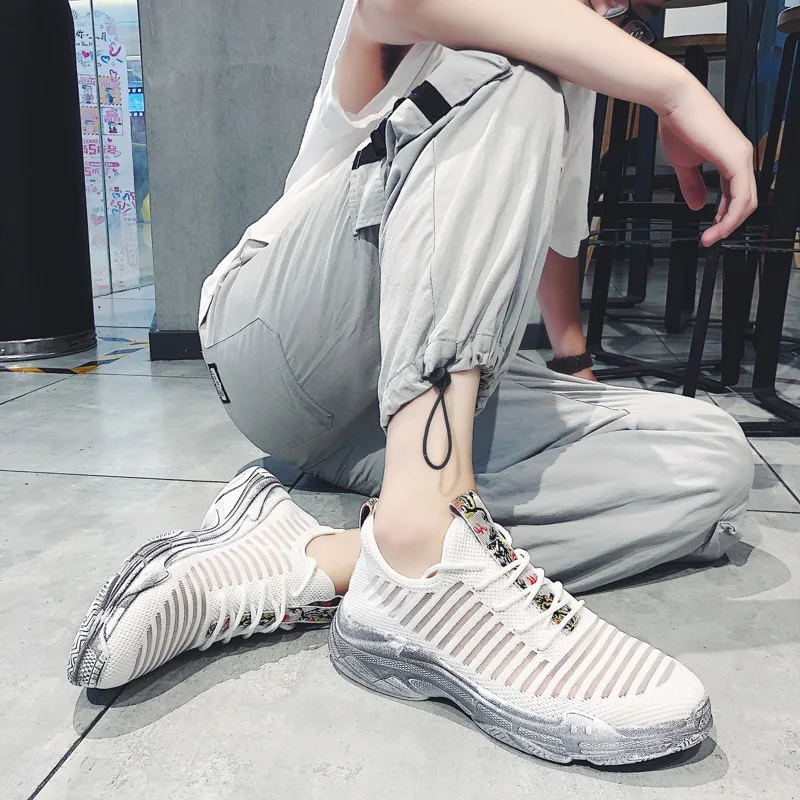 Ins Male Shoe Perforation Student Network Cloth Shoe Ventilation White Shoes Flying Motion Dad Shoe Zapatos De Hombre Sneakers