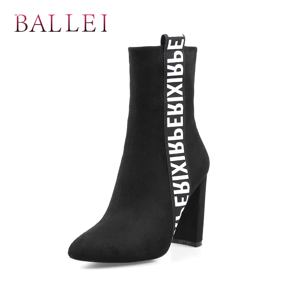 

BALLEI Luxury Woman Ankle Boots Quality Kid Suede Fashion Letter Stickers Elegant Pointed Toe Shoes Soft Square Heels Boots B26