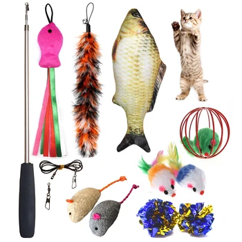 

11Pcs/Set Teaser Cat Catcher Retractable Fishing Pole Wand Rod Feather Toy For Kitten Dog
