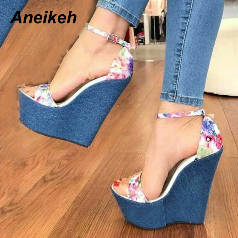 

Aneikeh Wedges Sandals 2018 New Summer Roman Sandals High Quality Wedges High Heels Peep-Toe Platform Shoes Woman blue