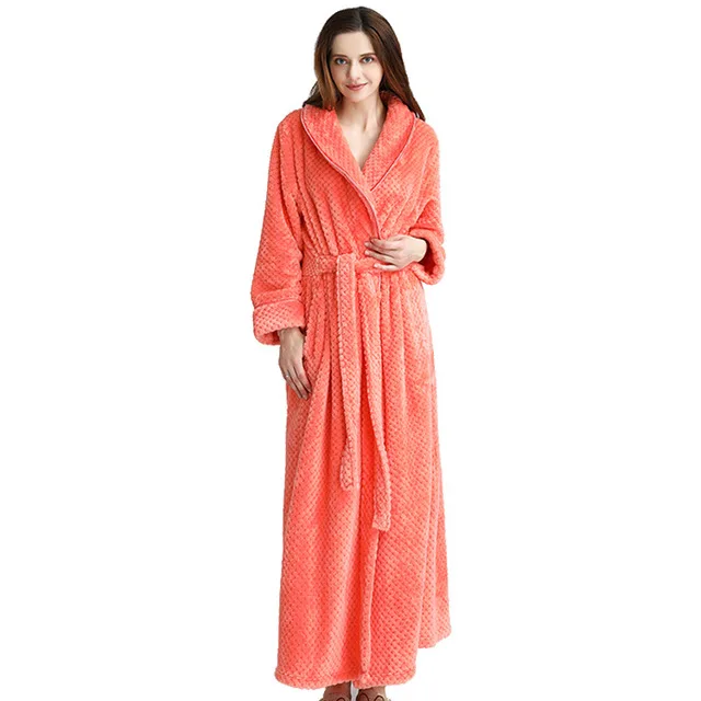 Women thermal hooded extra long flannel bathrobe thick warm winter