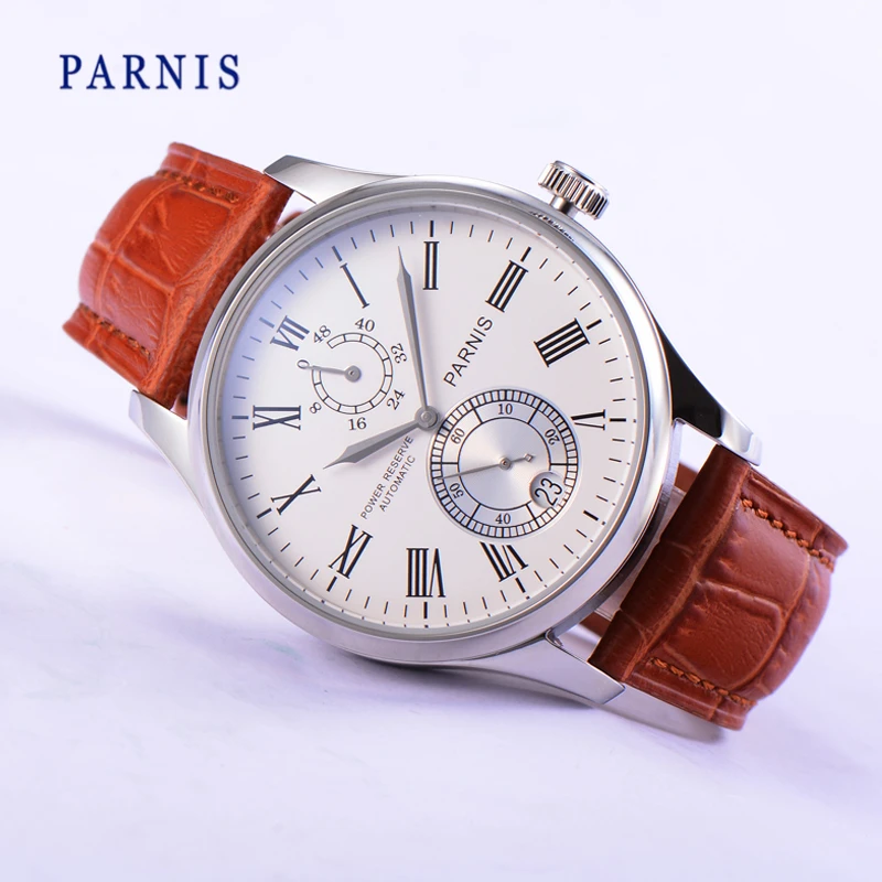 Parnis 44mm Automatic Self-Wind Watch Men Auto Date Power Reserve Movement Black Dial Silver Hands Mechanical Wristwatch