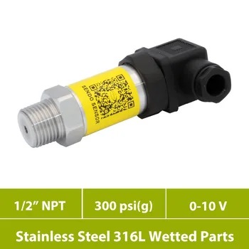 

0 to 10V pressure sensor, 12 24 30 V supply, low cost, 0 300 psi range, 1 2 NPT, 0.5 fs acc, stainless steel 316L wetted parts