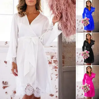 

Summer New Sexy Women Silk Satin Deep V Bathrobe Pajamas Robe Lingerie Lace Sleepwear Nightwear Lace up Robes