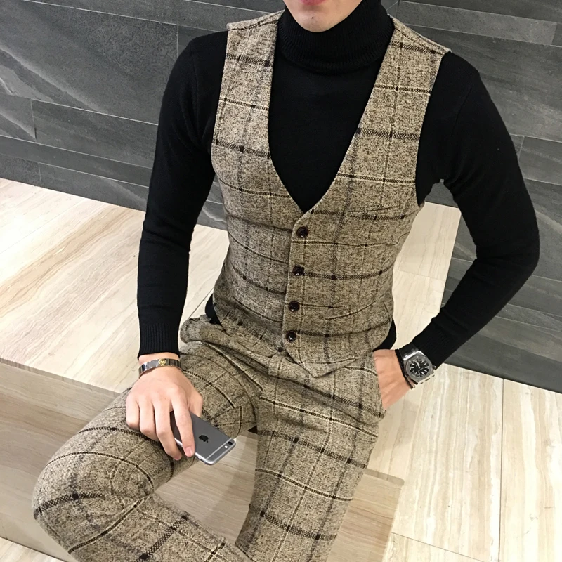 

New design wool plaid vest suit pants fashion boutique men's formal wear wedding casual business suit vest men's slim suit pants